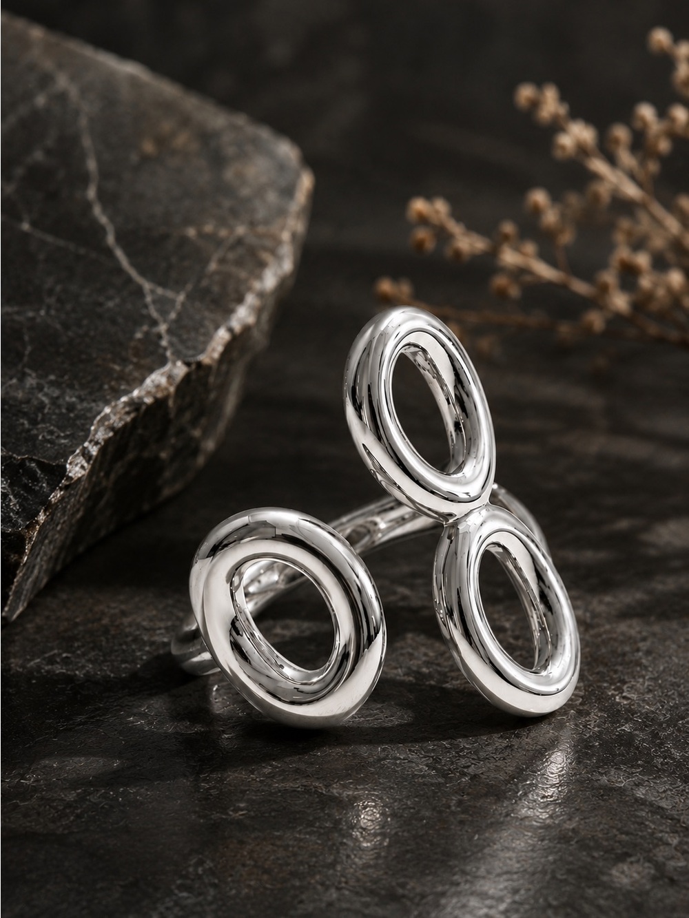 Polished Silver color Triple Open Circle Statement Ring - Picture 2 of 6